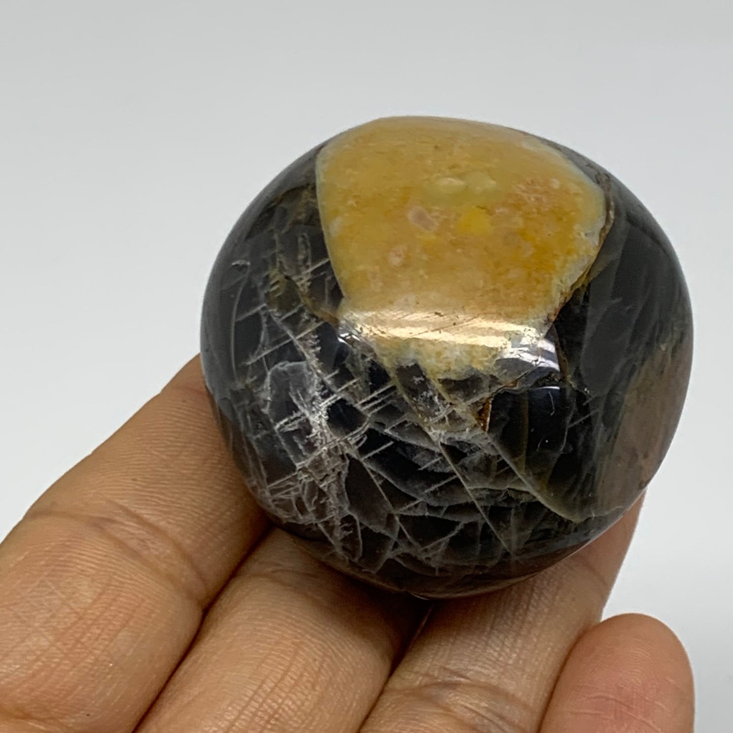 92.7g, 2"x1.8"x1.3",  Black Moonstone Crystal Palm-Stone Polished, B37789