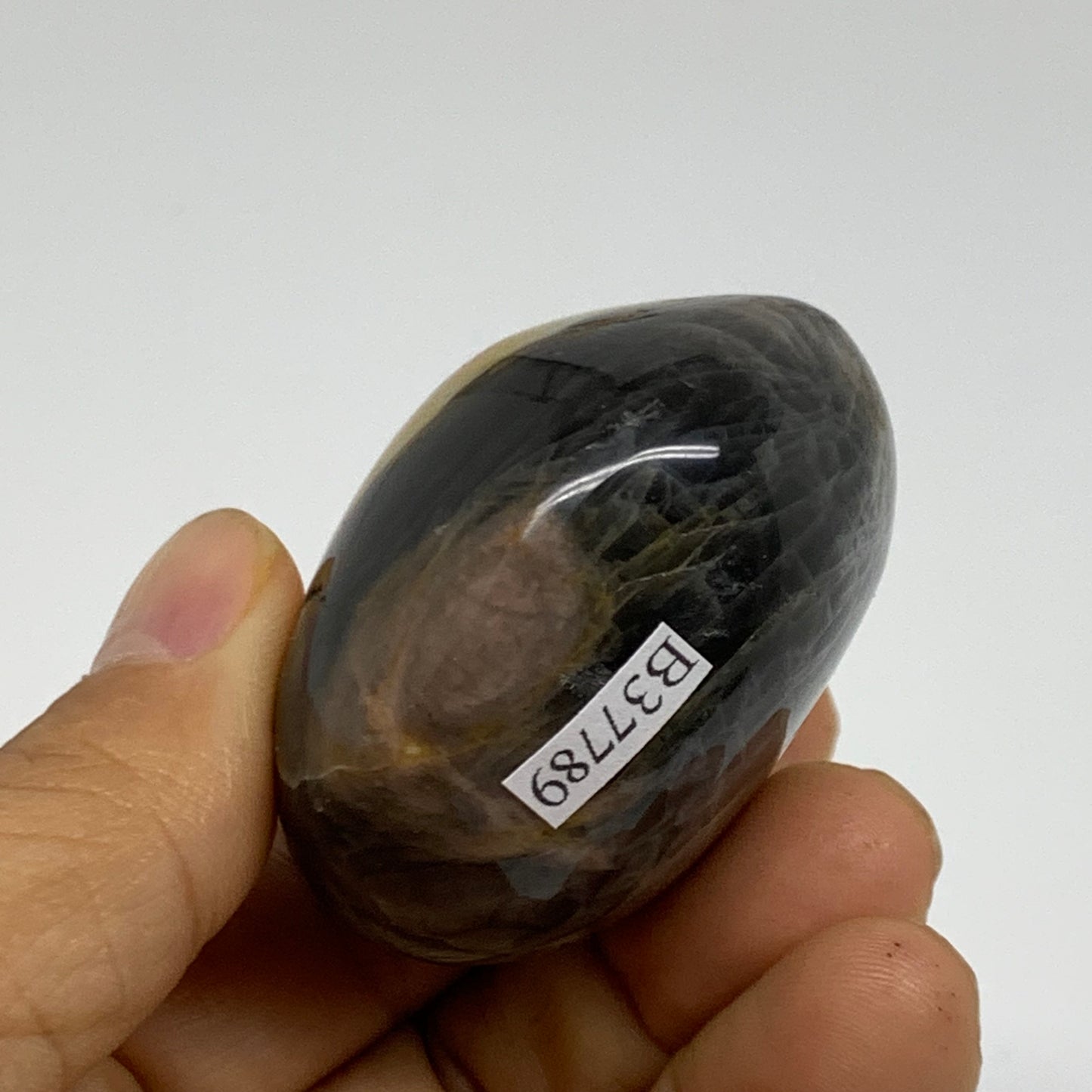 92.7g, 2"x1.8"x1.3",  Black Moonstone Crystal Palm-Stone Polished, B37789