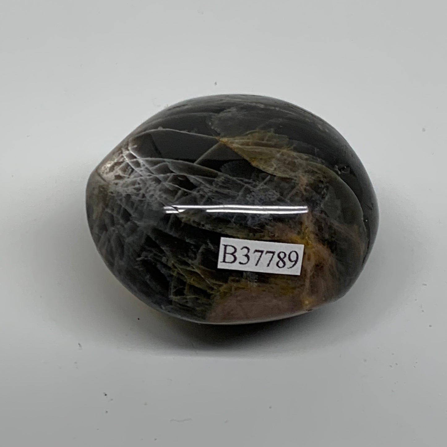 92.7g, 2"x1.8"x1.3",  Black Moonstone Crystal Palm-Stone Polished, B37789