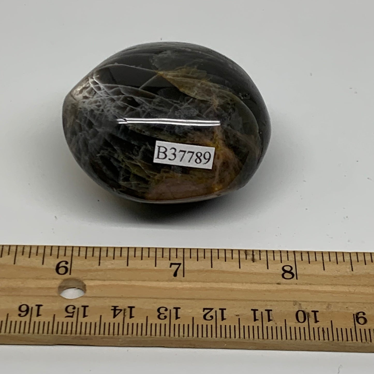 92.7g, 2"x1.8"x1.3",  Black Moonstone Crystal Palm-Stone Polished, B37789