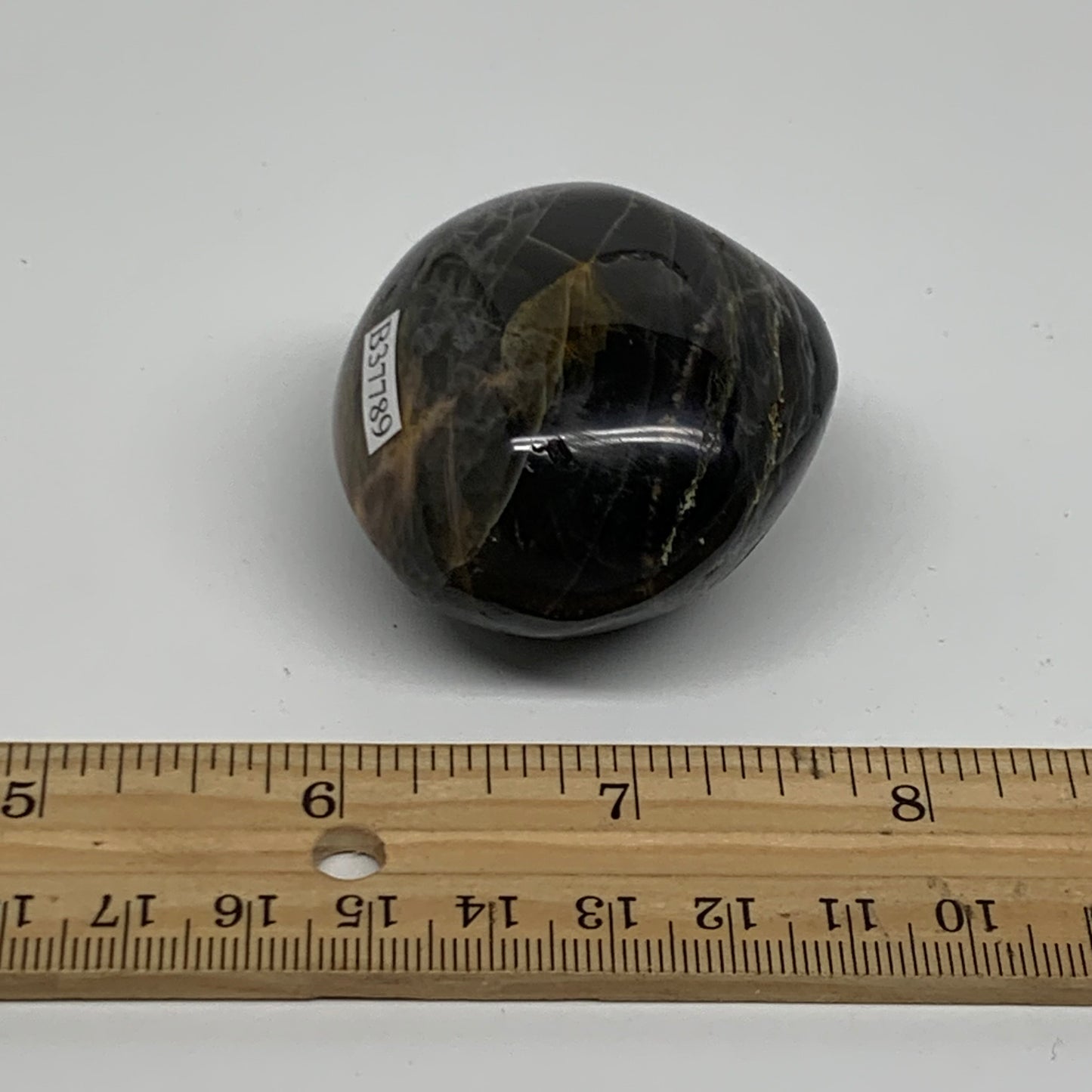 92.7g, 2"x1.8"x1.3",  Black Moonstone Crystal Palm-Stone Polished, B37789