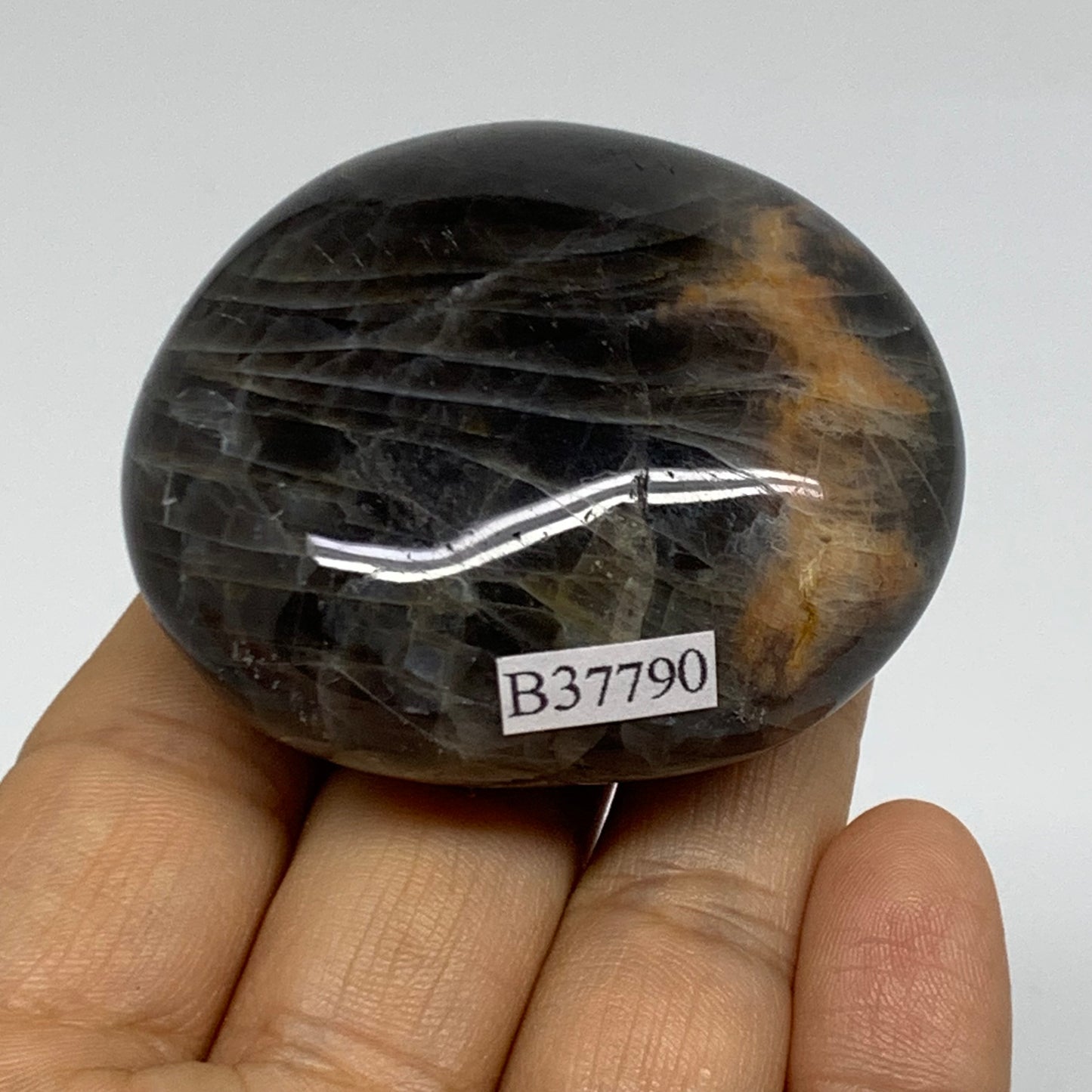 101.6g, 2.2"x1.9"x1",  Black Moonstone Crystal Palm-Stone Polished, B37790