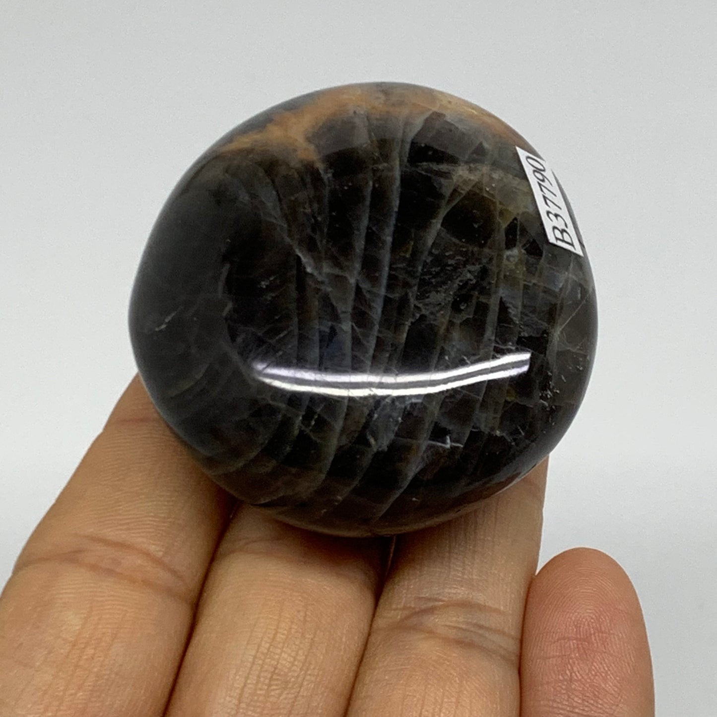 101.6g, 2.2"x1.9"x1",  Black Moonstone Crystal Palm-Stone Polished, B37790
