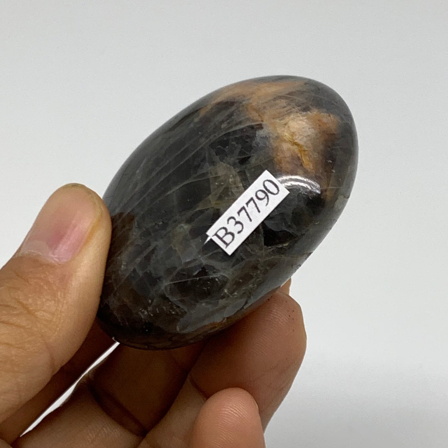 101.6g, 2.2"x1.9"x1",  Black Moonstone Crystal Palm-Stone Polished, B37790