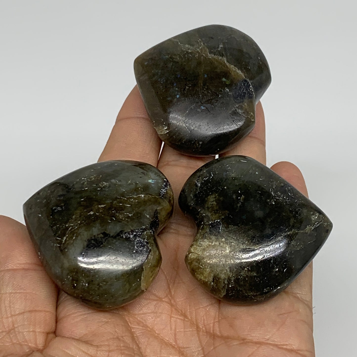 163.4g, 1.7" - 1.8", 3pcs, Natural Labradorite Heart Polished Crystal, B35522
