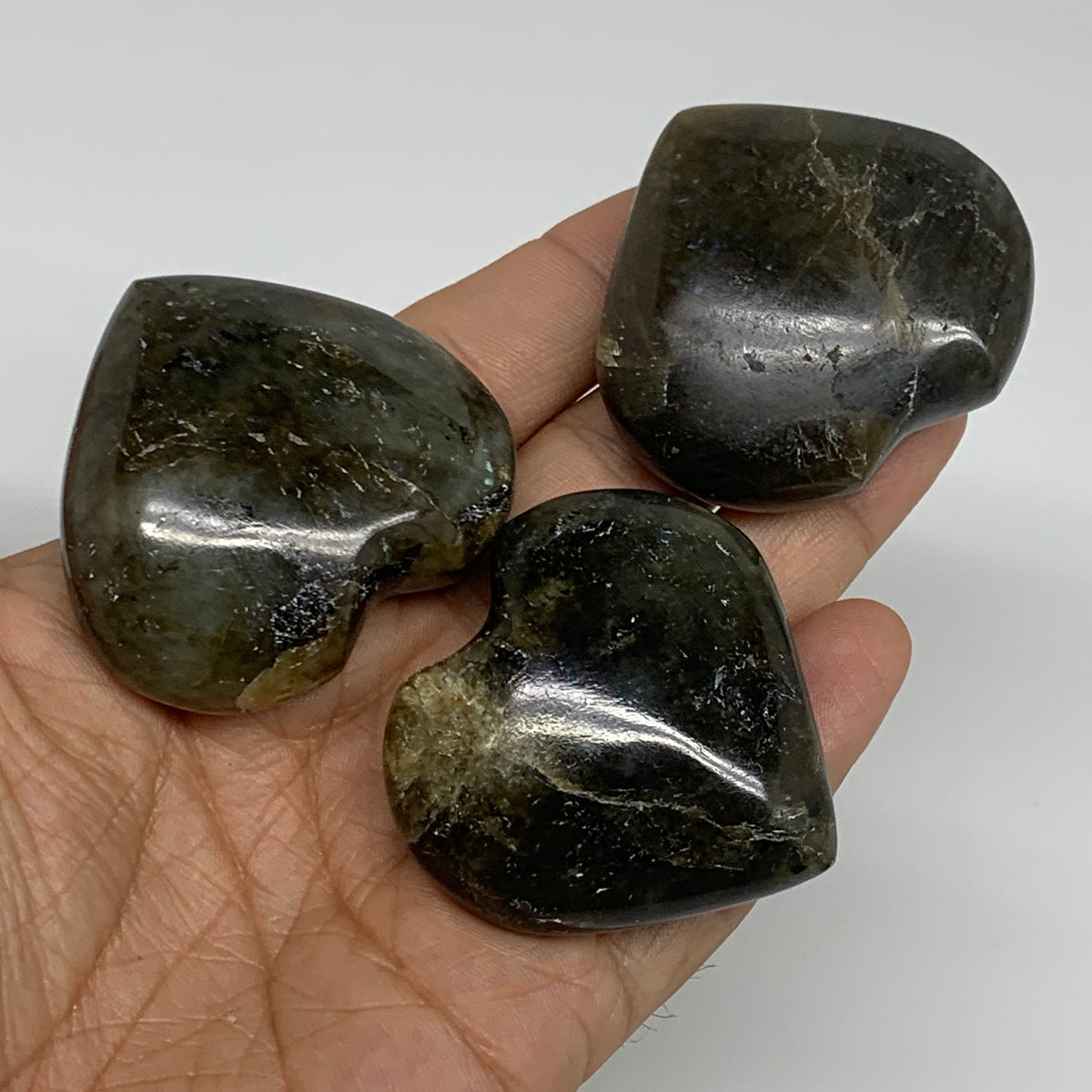163.4g, 1.7" - 1.8", 3pcs, Natural Labradorite Heart Polished Crystal, B35522