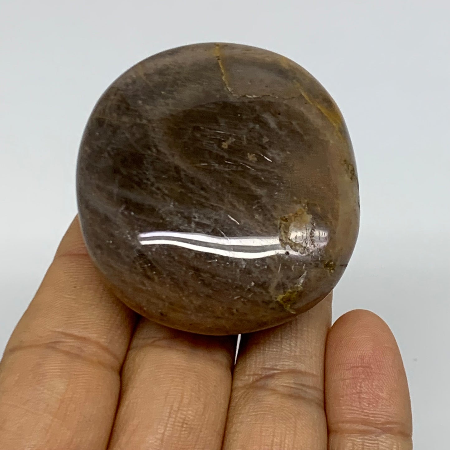 82.6g, 2.2"x1.9"x0.9",  Black Moonstone Crystal Palm-Stone Polished, B37791