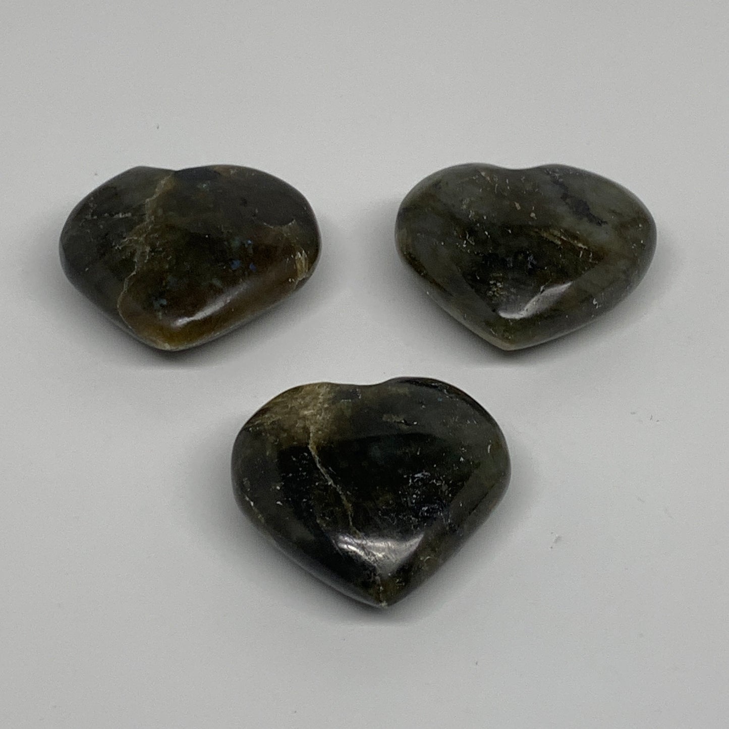 163.4g, 1.7" - 1.8", 3pcs, Natural Labradorite Heart Polished Crystal, B35522