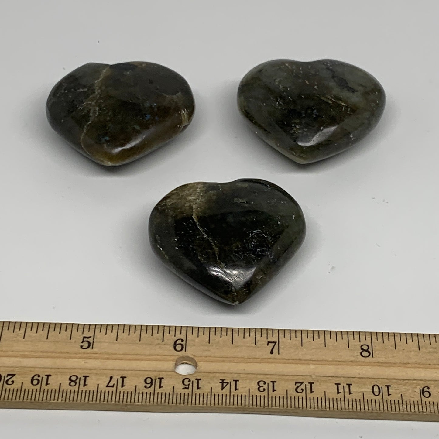 163.4g, 1.7" - 1.8", 3pcs, Natural Labradorite Heart Polished Crystal, B35522
