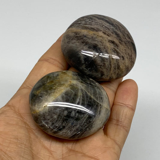 147.1g, 1.9", 2pcs, Black Moonstone Crystal Palm-Stone Polished, B37797