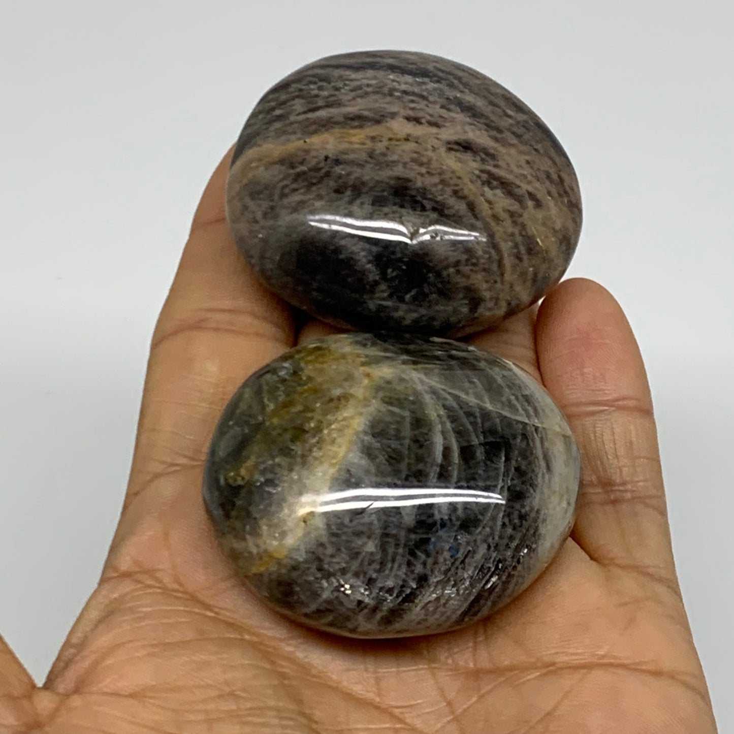 147.1g, 1.9", 2pcs, Black Moonstone Crystal Palm-Stone Polished, B37797