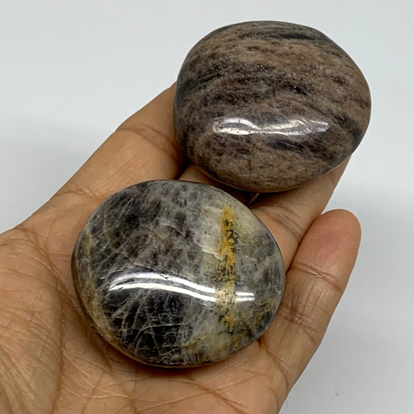 147.1g, 1.9", 2pcs, Black Moonstone Crystal Palm-Stone Polished, B37797
