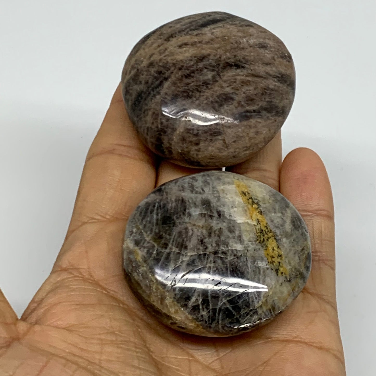 147.1g, 1.9", 2pcs, Black Moonstone Crystal Palm-Stone Polished, B37797