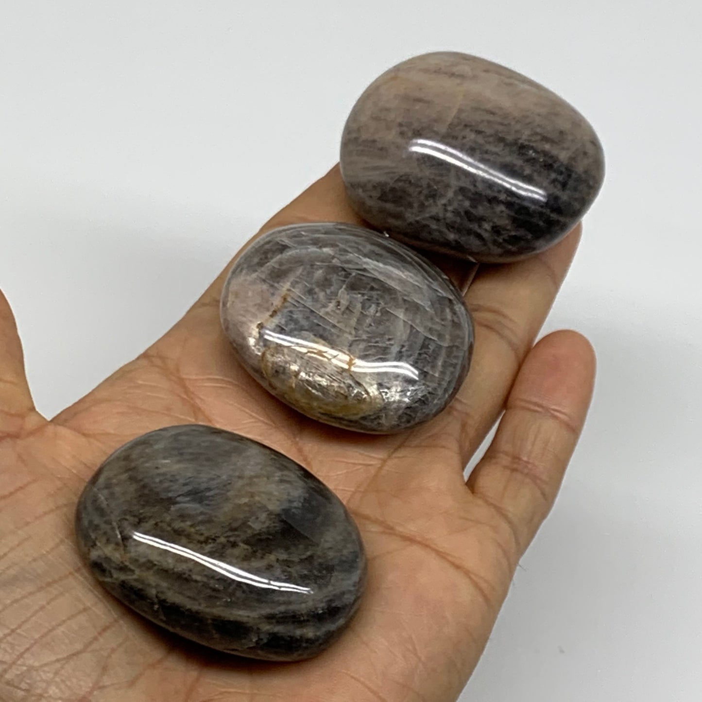 206.1g, 1.8"-1.9", 3pcs, Black Moonstone Crystal Palm-Stone Polished, B37798