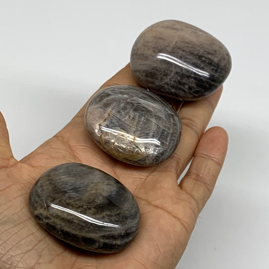 206.1g, 1.8"-1.9", 3pcs, Black Moonstone Crystal Palm-Stone Polished, B37798