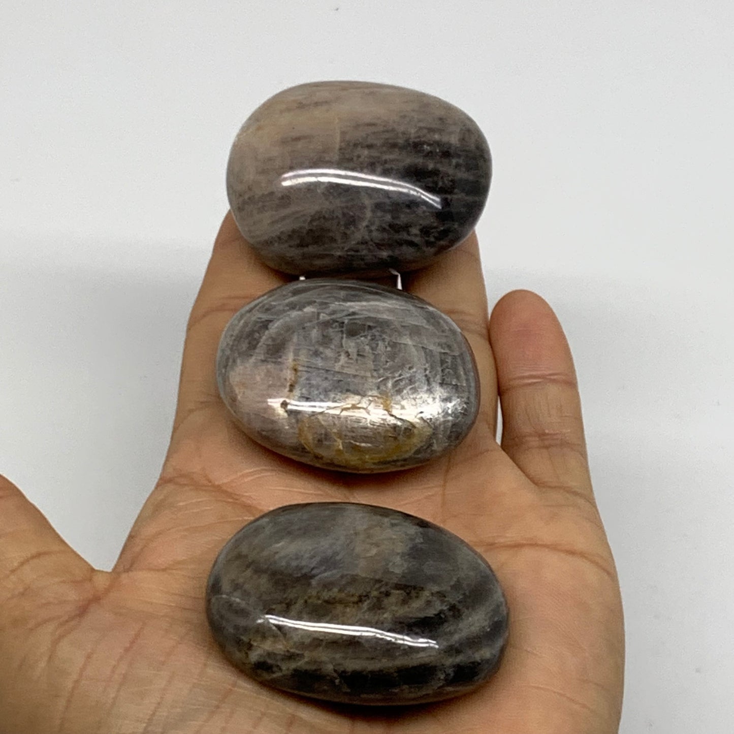 206.1g, 1.8"-1.9", 3pcs, Black Moonstone Crystal Palm-Stone Polished, B37798