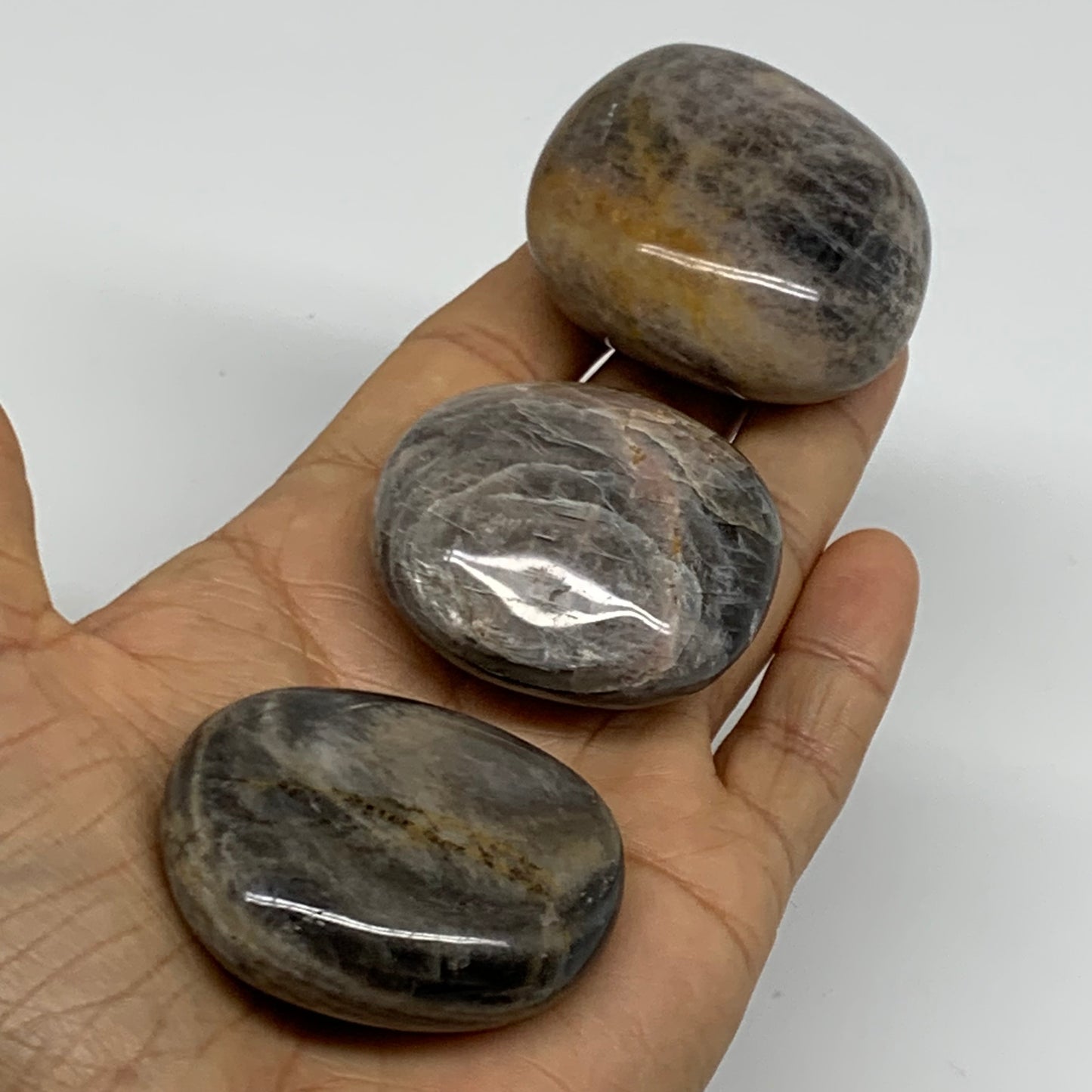 206.1g, 1.8"-1.9", 3pcs, Black Moonstone Crystal Palm-Stone Polished, B37798