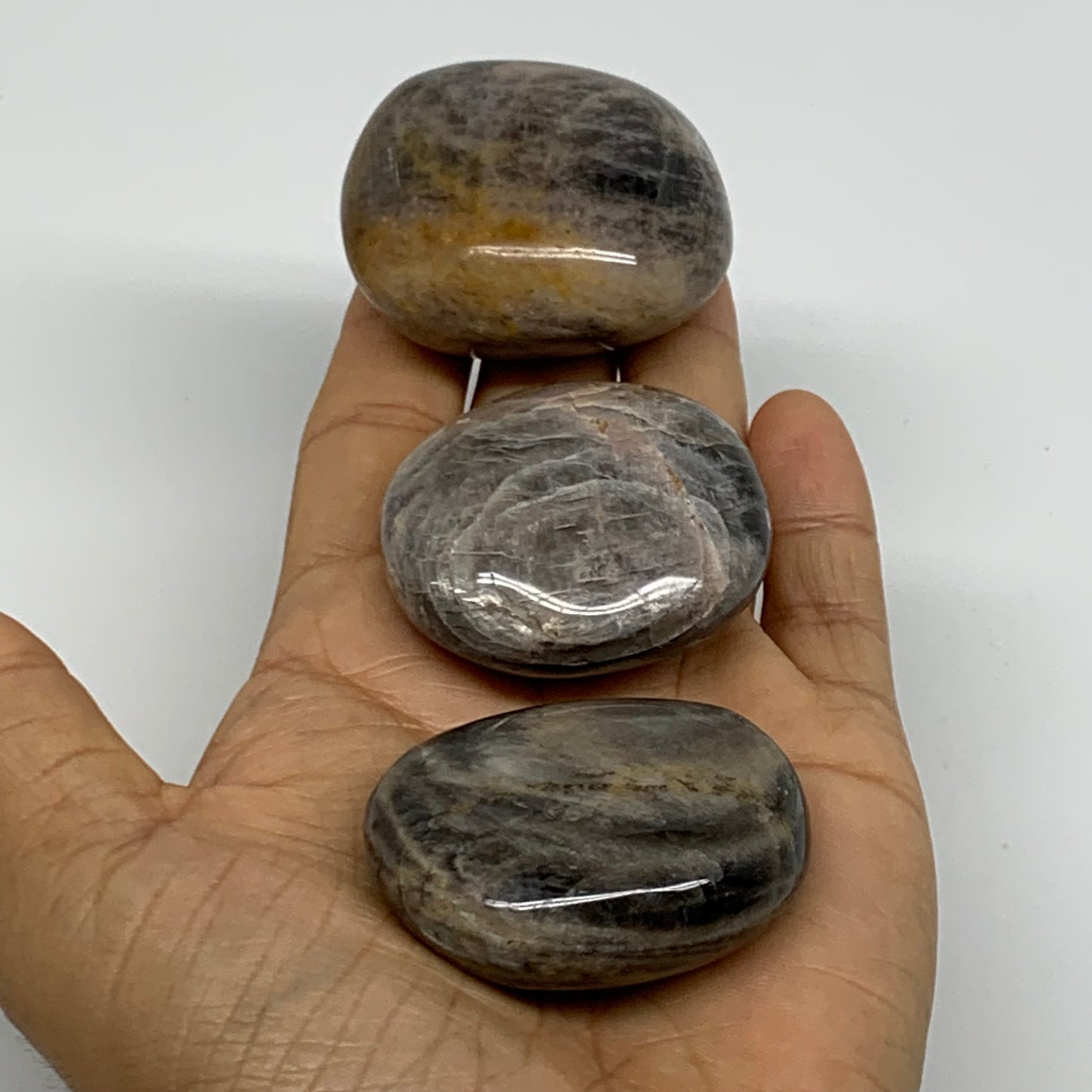 206.1g, 1.8"-1.9", 3pcs, Black Moonstone Crystal Palm-Stone Polished, B37798