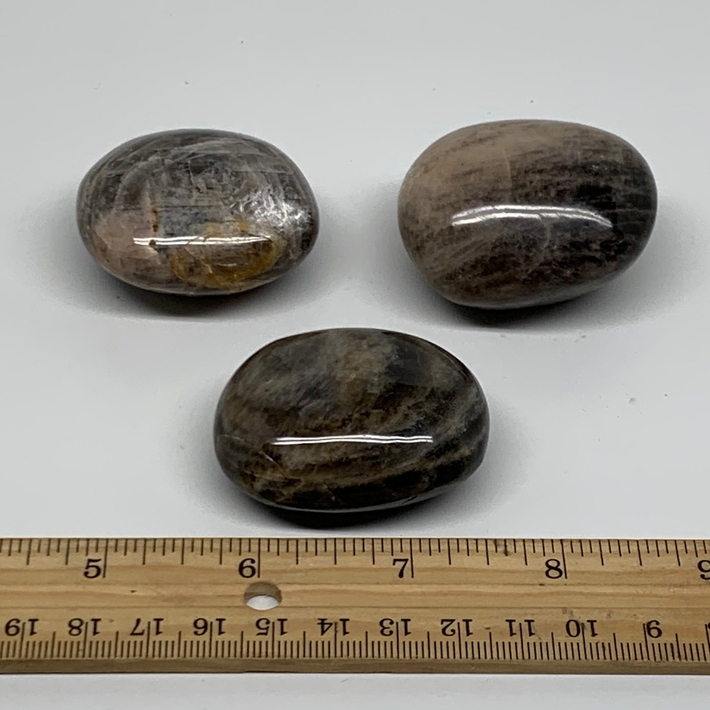 206.1g, 1.8"-1.9", 3pcs, Black Moonstone Crystal Palm-Stone Polished, B37798