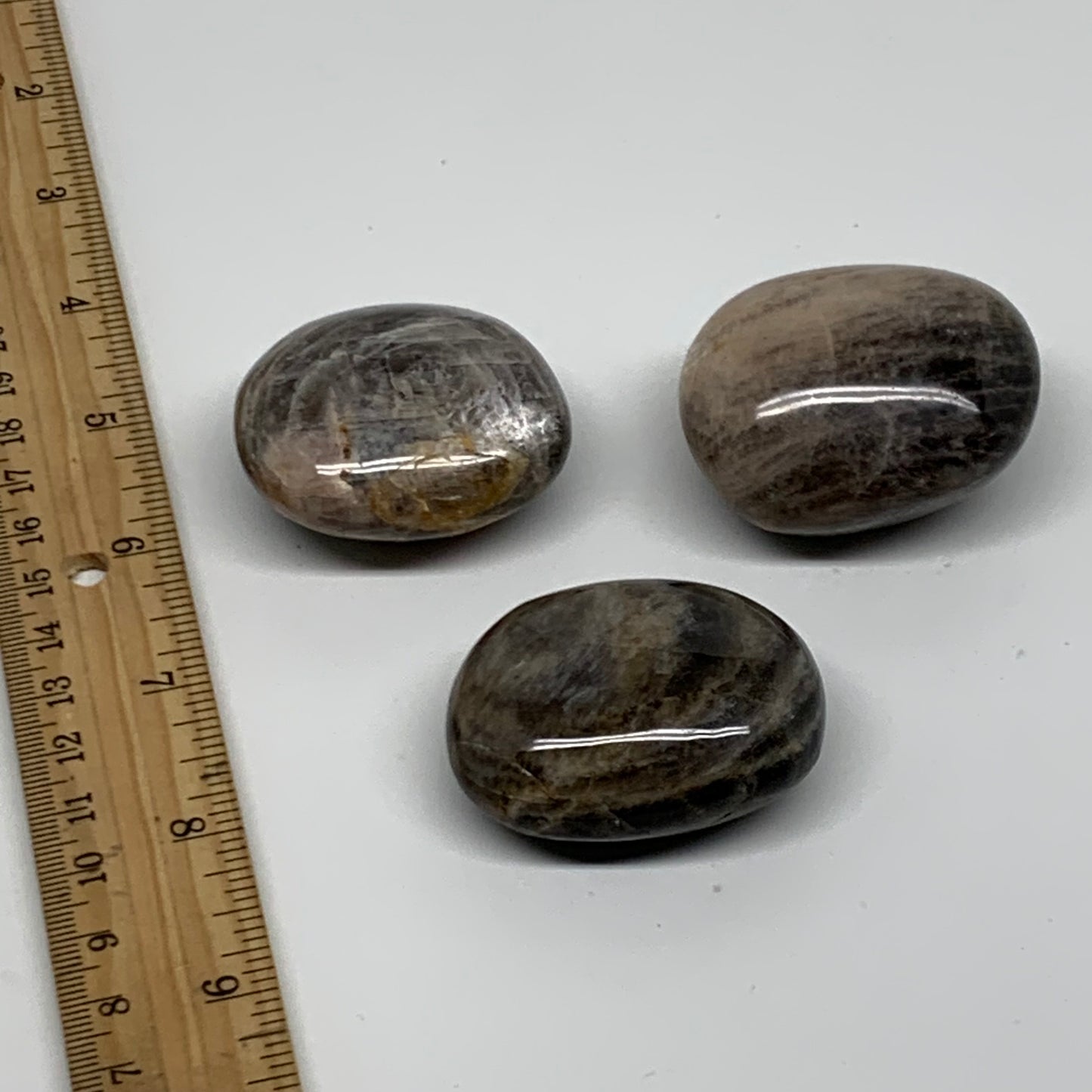 206.1g, 1.8"-1.9", 3pcs, Black Moonstone Crystal Palm-Stone Polished, B37798