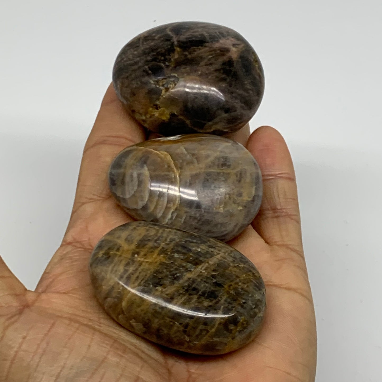 214.3g, 1.9"-2.1", 3pcs, Black Moonstone Crystal Palm-Stone Polished, B37800