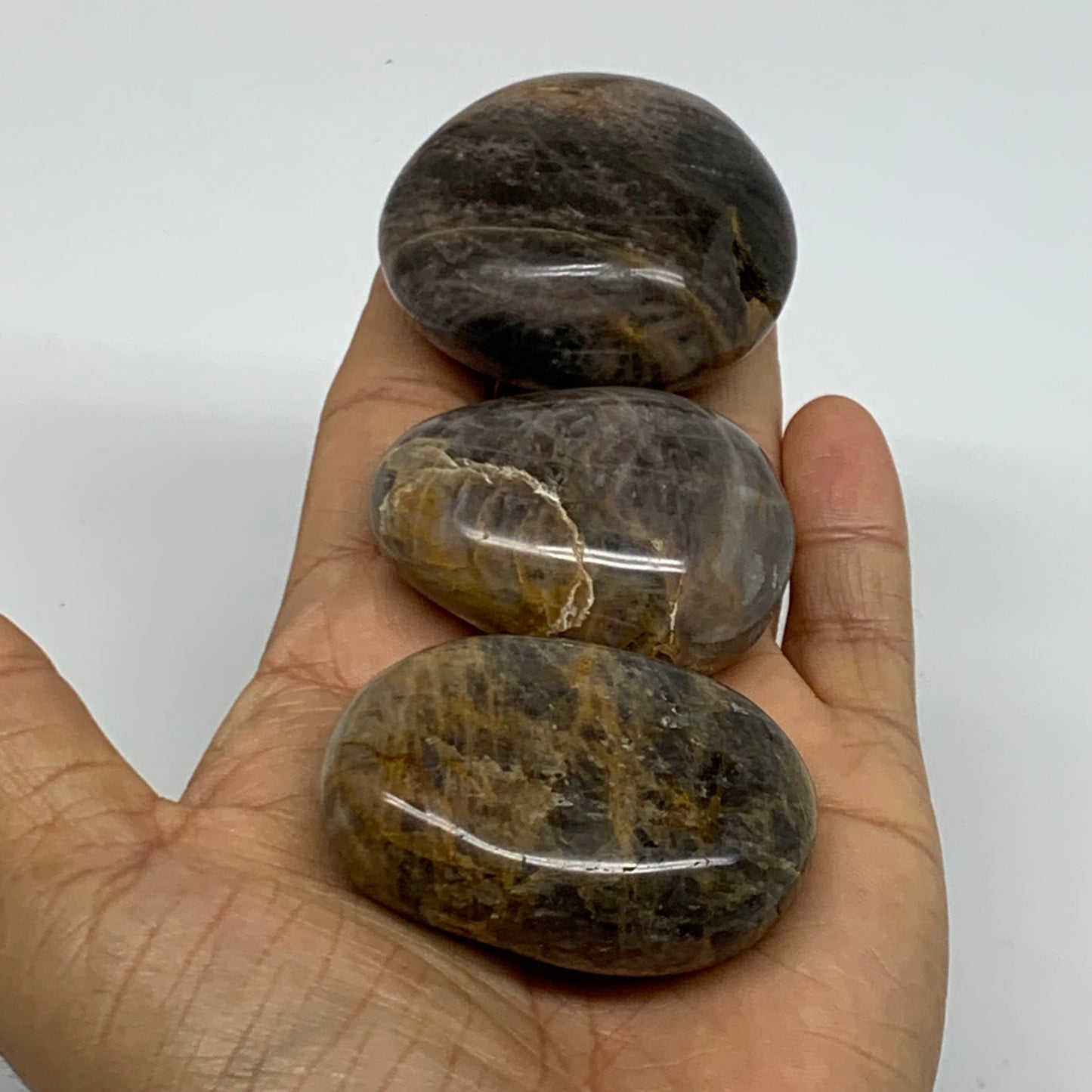 214.3g, 1.9"-2.1", 3pcs, Black Moonstone Crystal Palm-Stone Polished, B37800