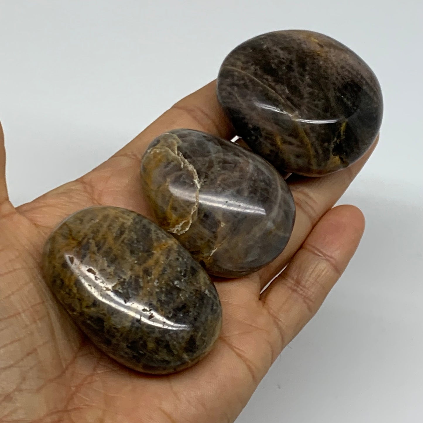 214.3g, 1.9"-2.1", 3pcs, Black Moonstone Crystal Palm-Stone Polished, B37800