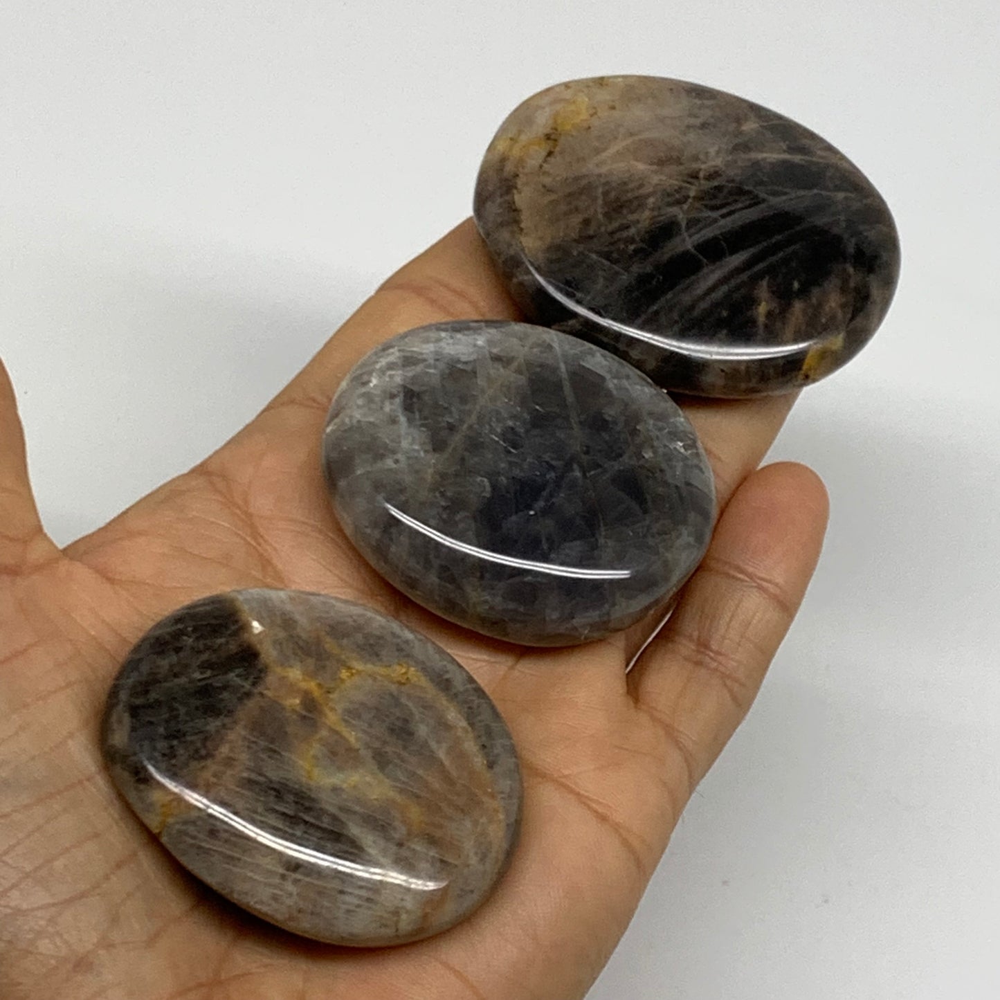 169.9g, 2"-2.3", 3pcs, Black Moonstone Crystal Palm-Stone Polished, B37801