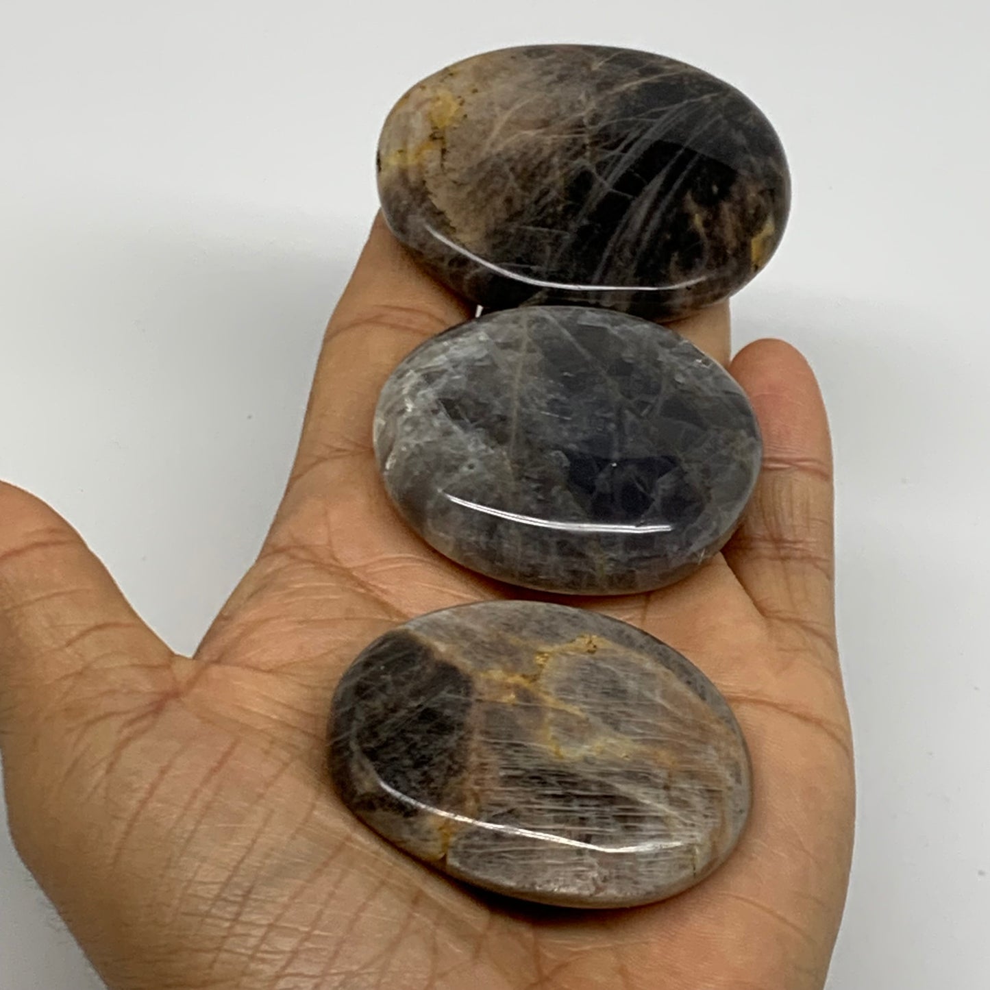 169.9g, 2"-2.3", 3pcs, Black Moonstone Crystal Palm-Stone Polished, B37801