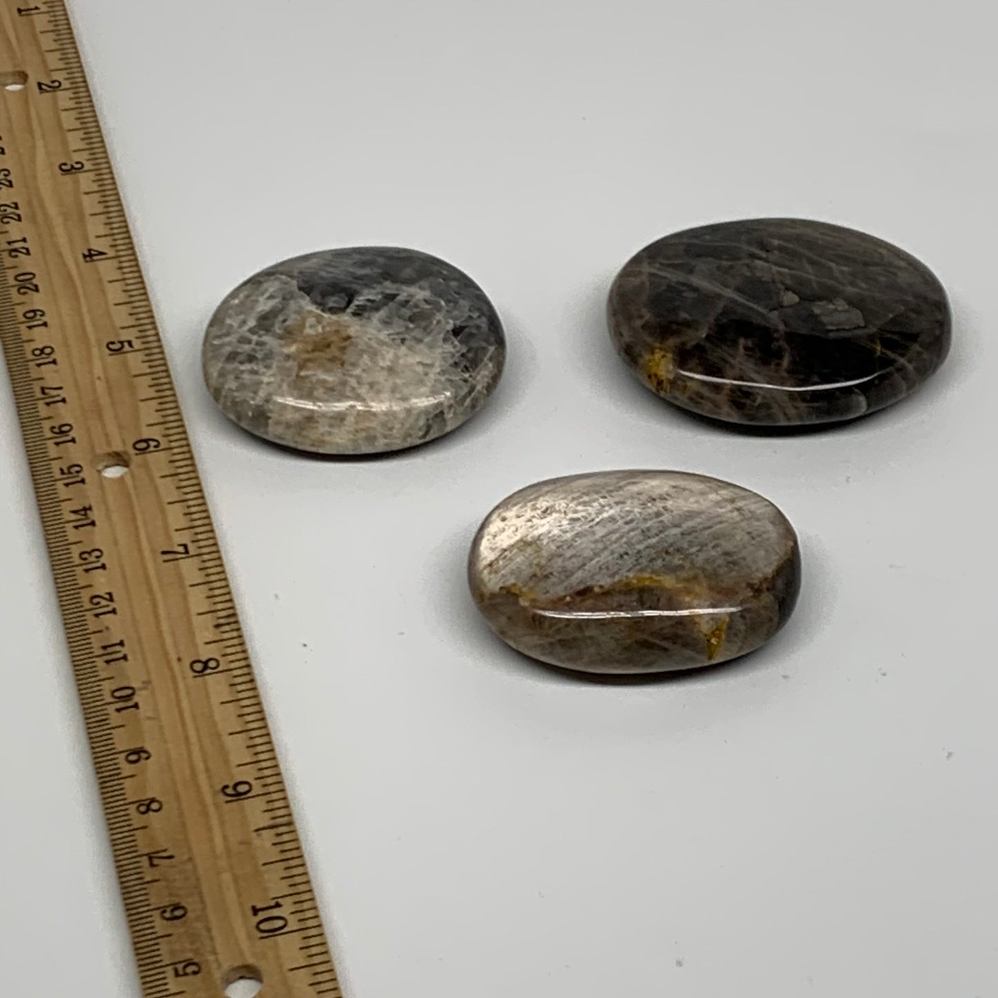169.9g, 2"-2.3", 3pcs, Black Moonstone Crystal Palm-Stone Polished, B37801
