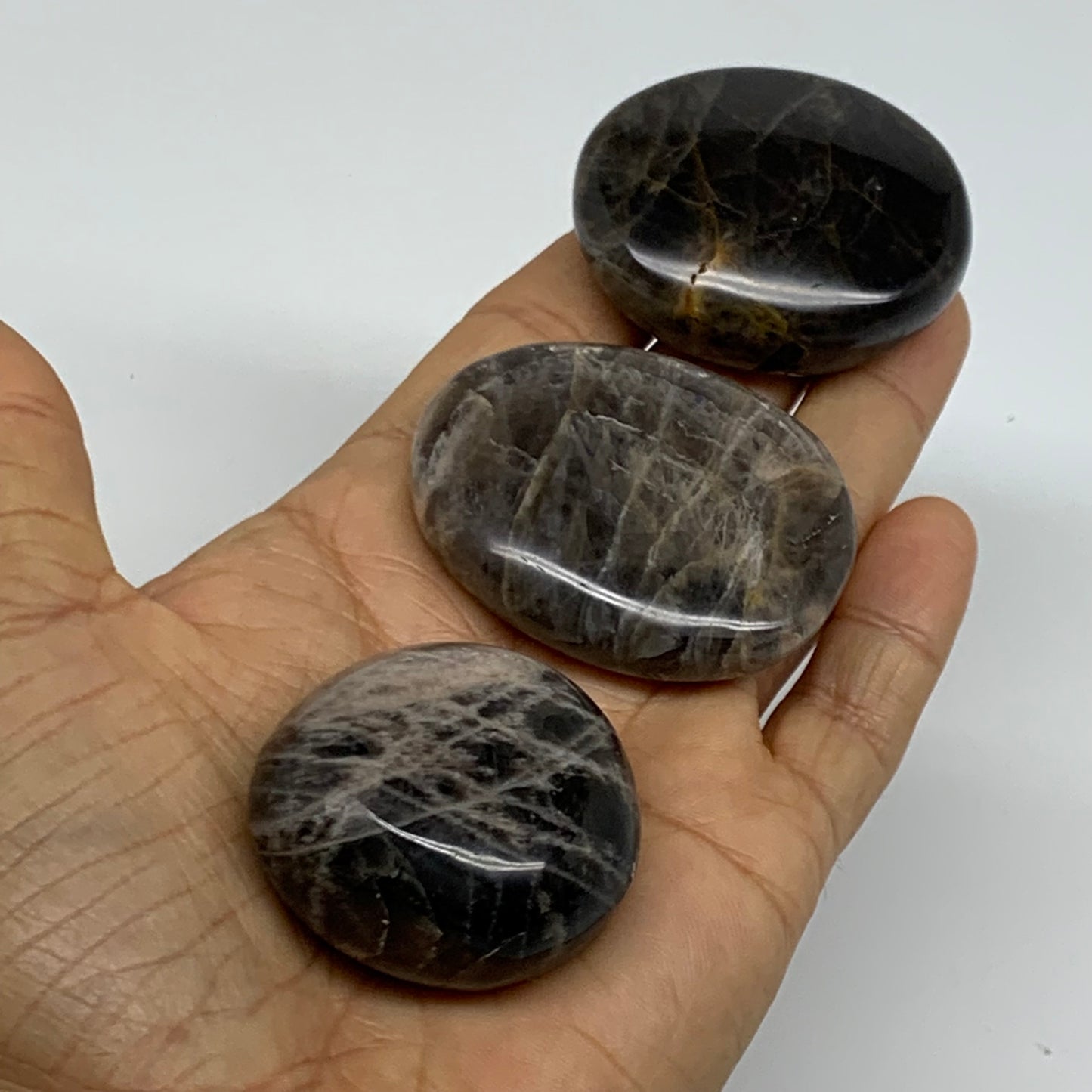 165.6g, 1.6"-2", 3pcs, Black Moonstone Crystal Palm-Stone Polished, B37803