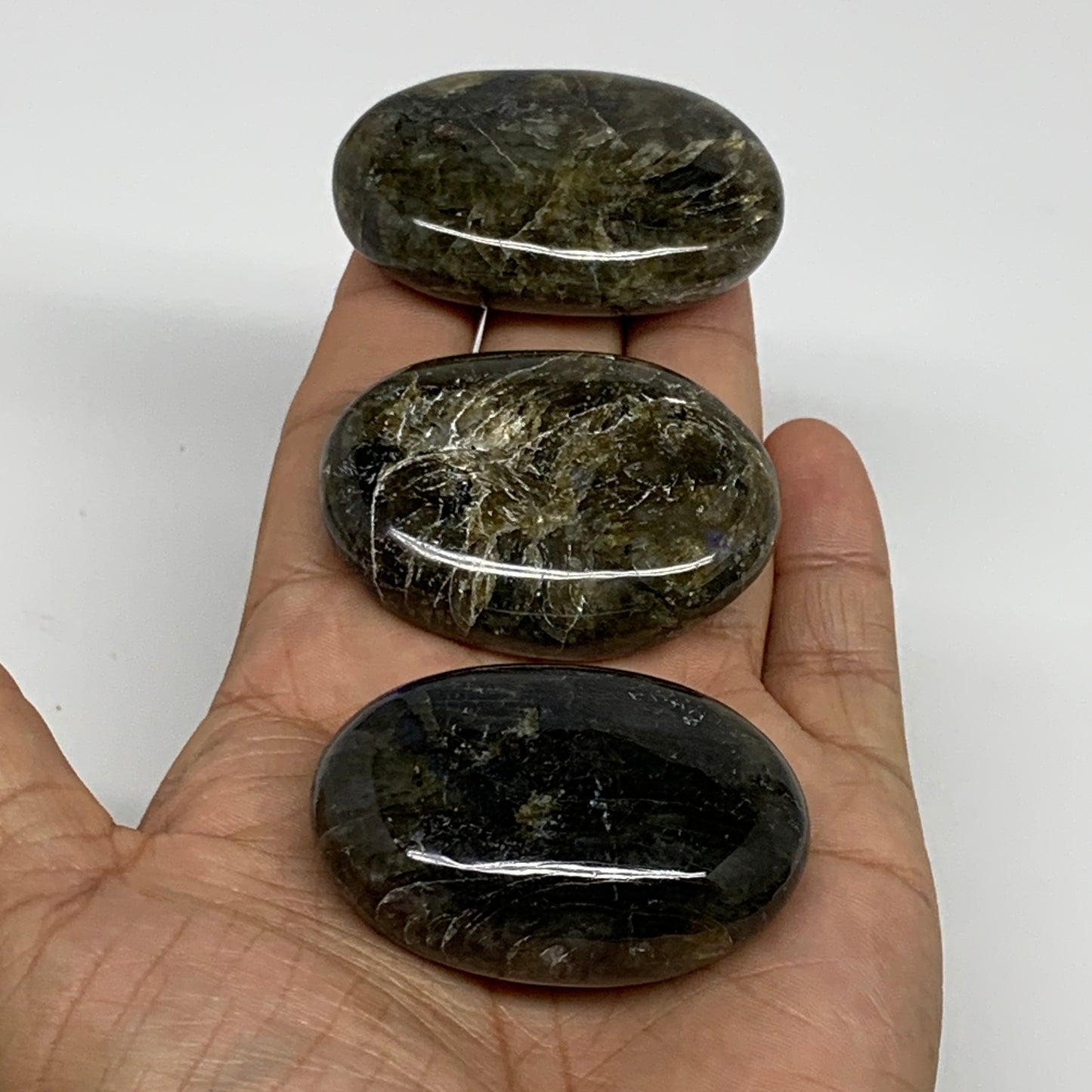 161.2g, 2"-2.1", 3pcs, Labradorite Palm-stone Polished Gemstone, B35529
