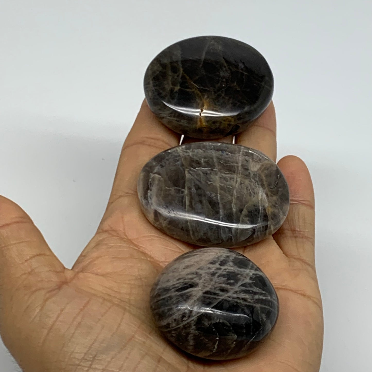 165.6g, 1.6"-2", 3pcs, Black Moonstone Crystal Palm-Stone Polished, B37803