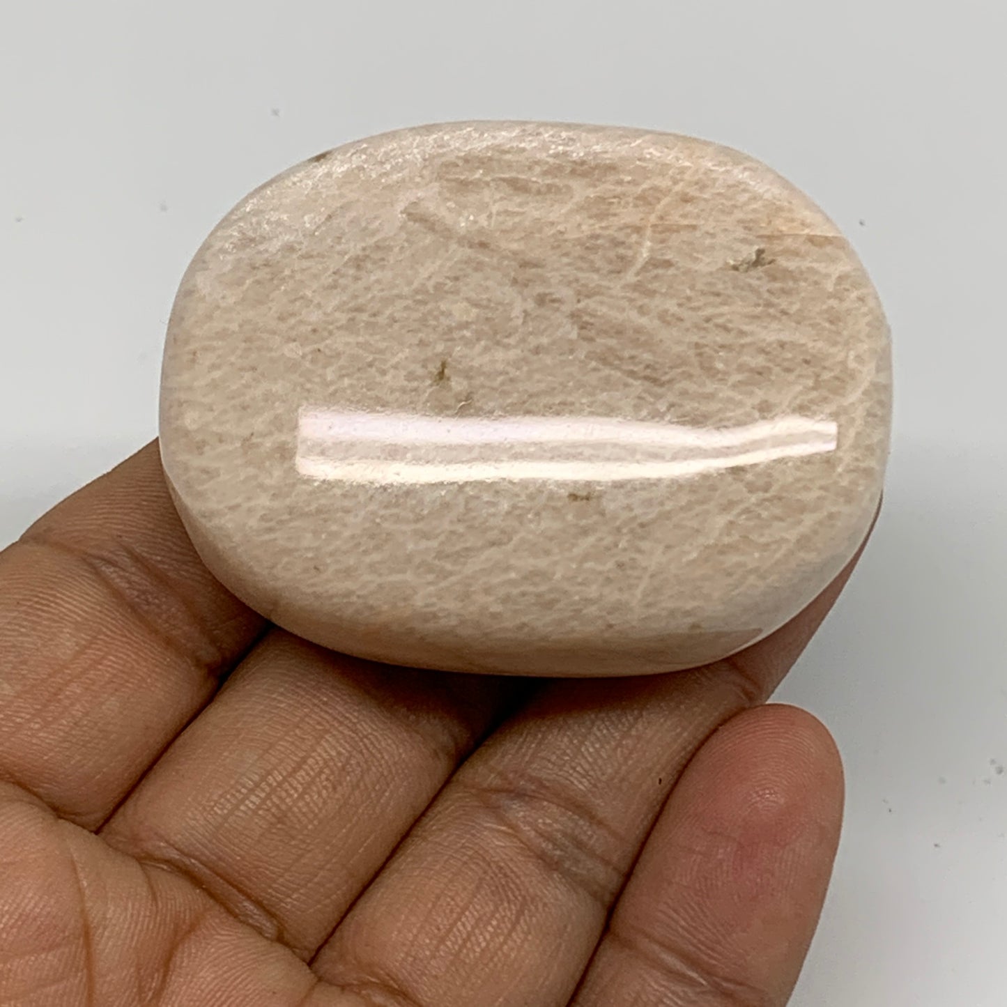 87g,2.1"x1.6"x0.9", Peach Moonstone Polished Palm-Stone Gemstone, B34765
