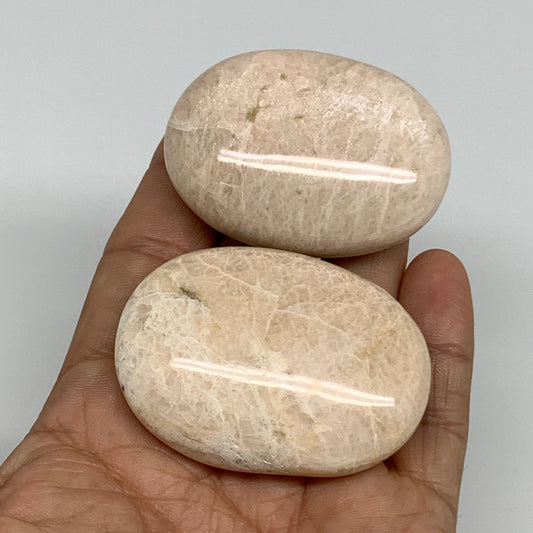 122.6g,2.1"-2.2", 2pcs, Peach Moonstone Polished Palm-Stone Gemstone, B34770