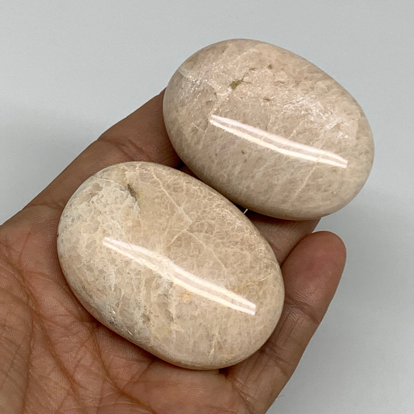 122.6g,2.1"-2.2", 2pcs, Peach Moonstone Polished Palm-Stone Gemstone, B34770