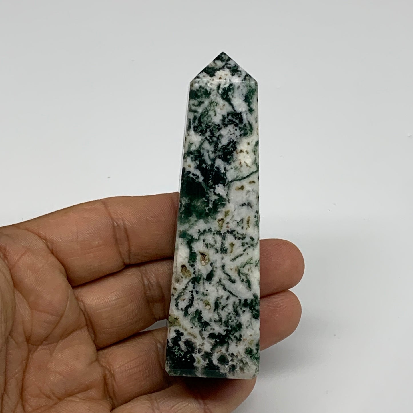 88.4g, 3.3"x0.9", Tree Agate Tower Obelisk Point Crystal @Brazil, B31390