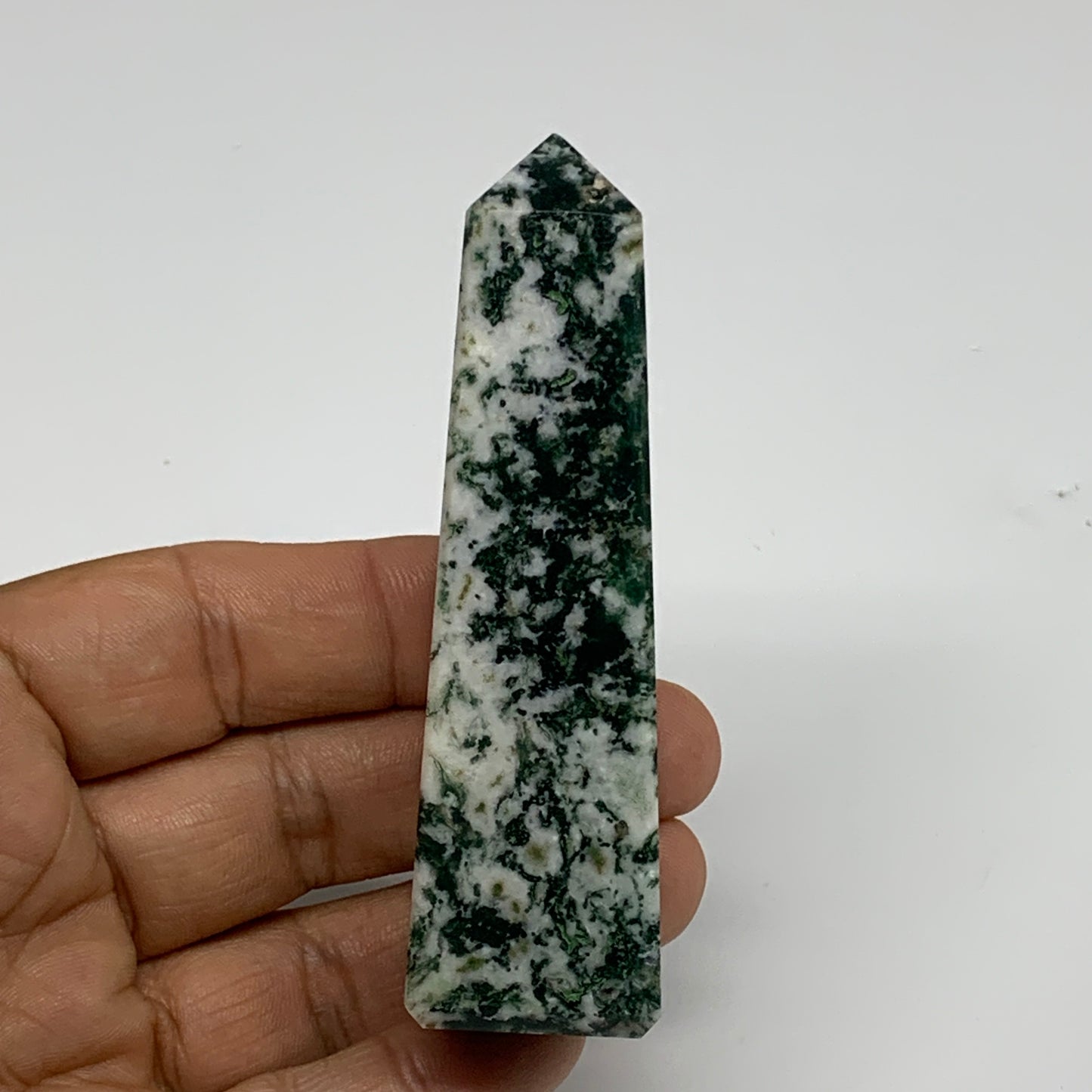 88.4g, 3.3"x0.9", Tree Agate Tower Obelisk Point Crystal @Brazil, B31390