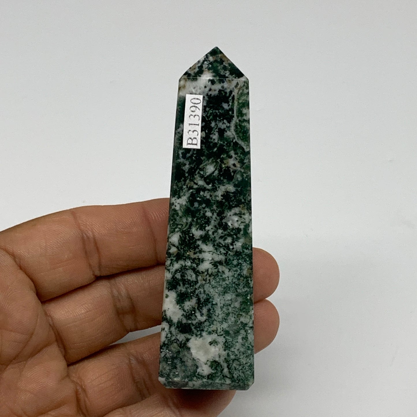 88.4g, 3.3"x0.9", Tree Agate Tower Obelisk Point Crystal @Brazil, B31390