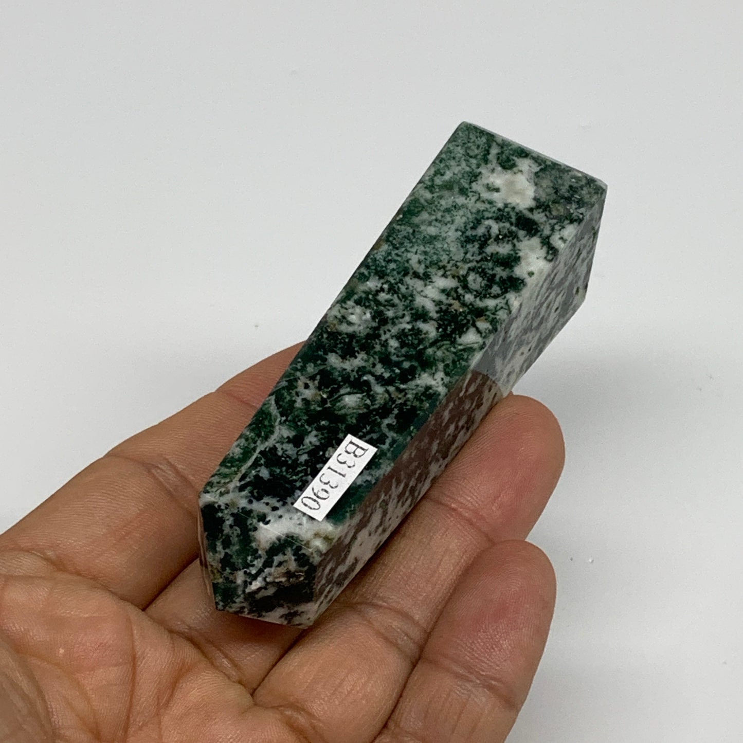 88.4g, 3.3"x0.9", Tree Agate Tower Obelisk Point Crystal @Brazil, B31390