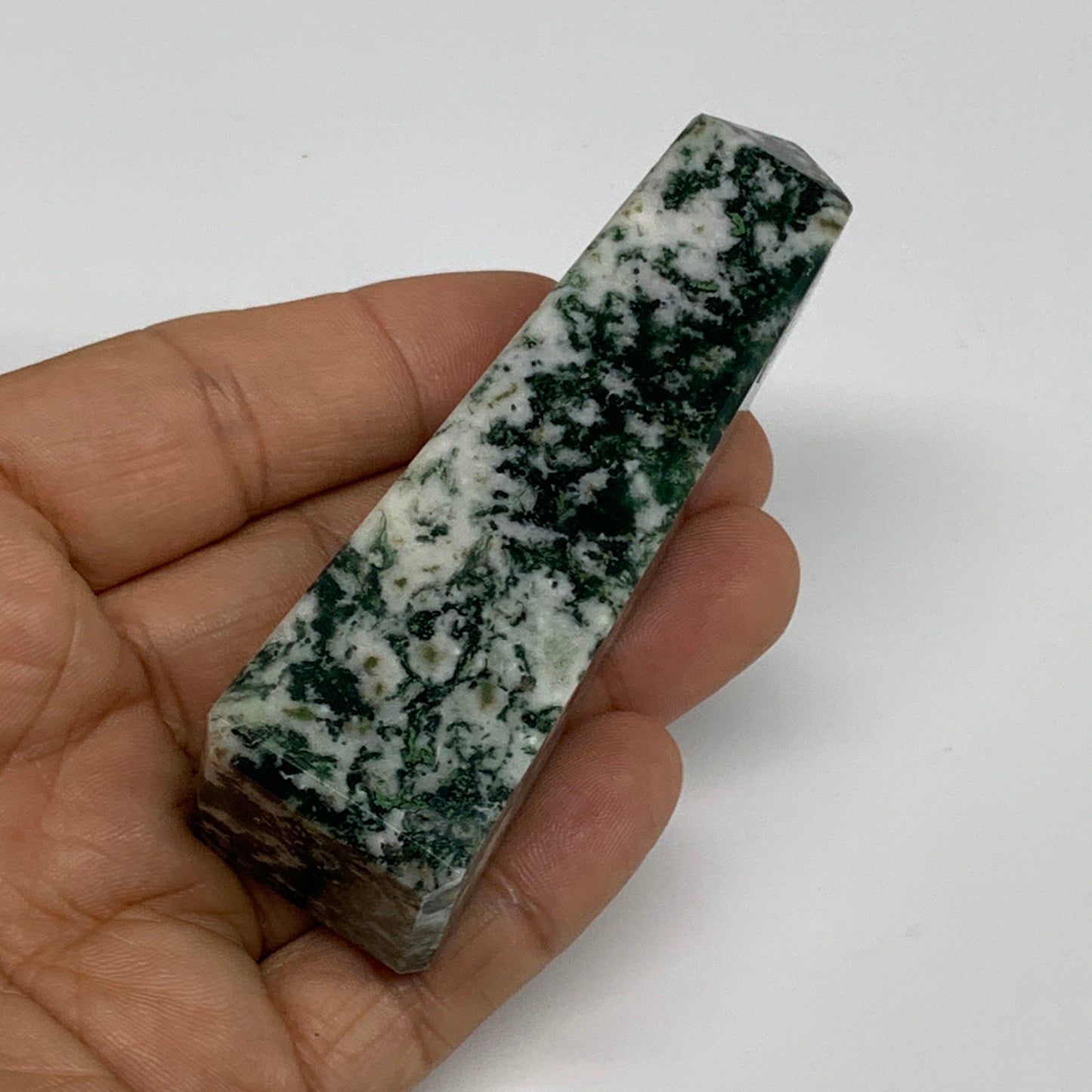 88.4g, 3.3"x0.9", Tree Agate Tower Obelisk Point Crystal @Brazil, B31390