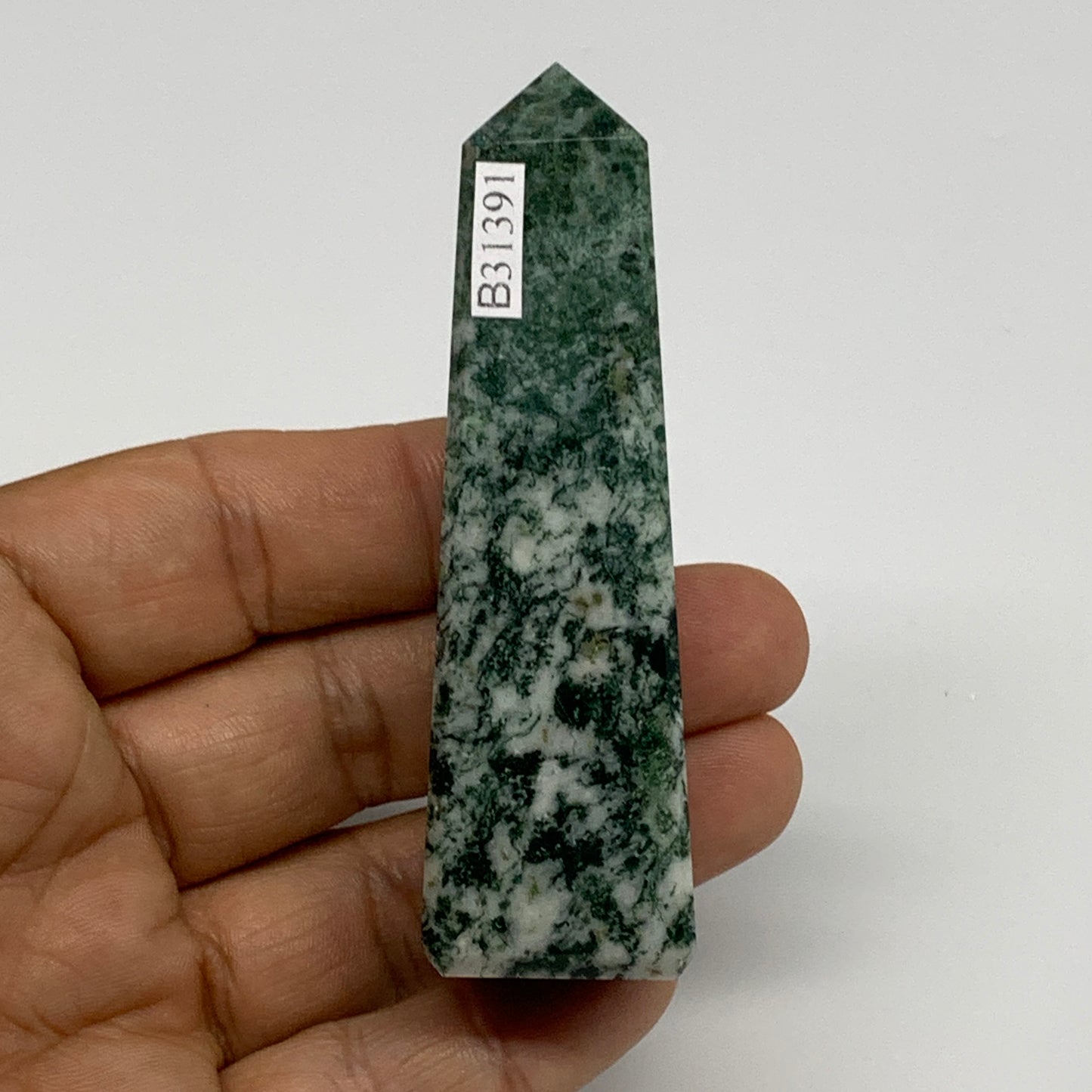 72.8g, 3.1"x0.9", Tree Agate Tower Obelisk Point Crystal @Brazil, B31391