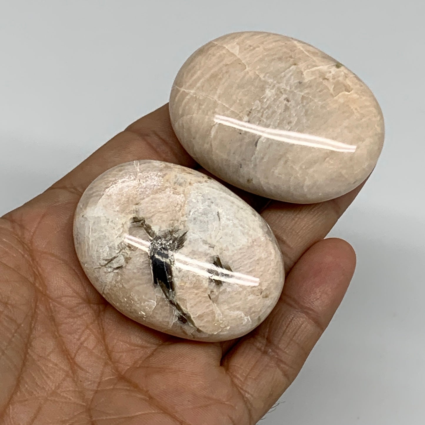 122g,2"-2.1", 2pcs, Peach Moonstone Polished Palm-Stone Gemstone, B34774