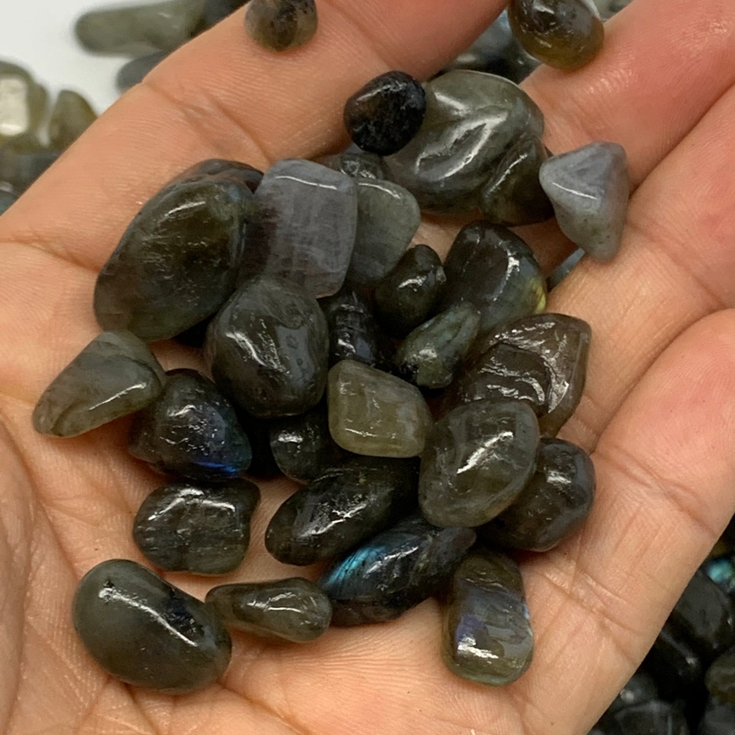 2.2 lbs, 0.4"-0.7", Small Labradorite Gravel, Chips, Tumbled Crystal Stones, Tin
