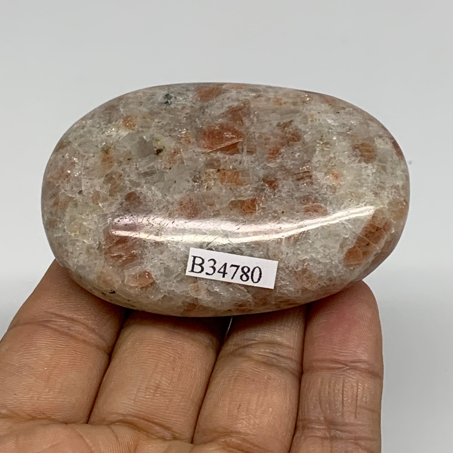 112g, 2.7"x1.8"x0.9", Natural Sunstone Palm-Stone Polished from India, B34780