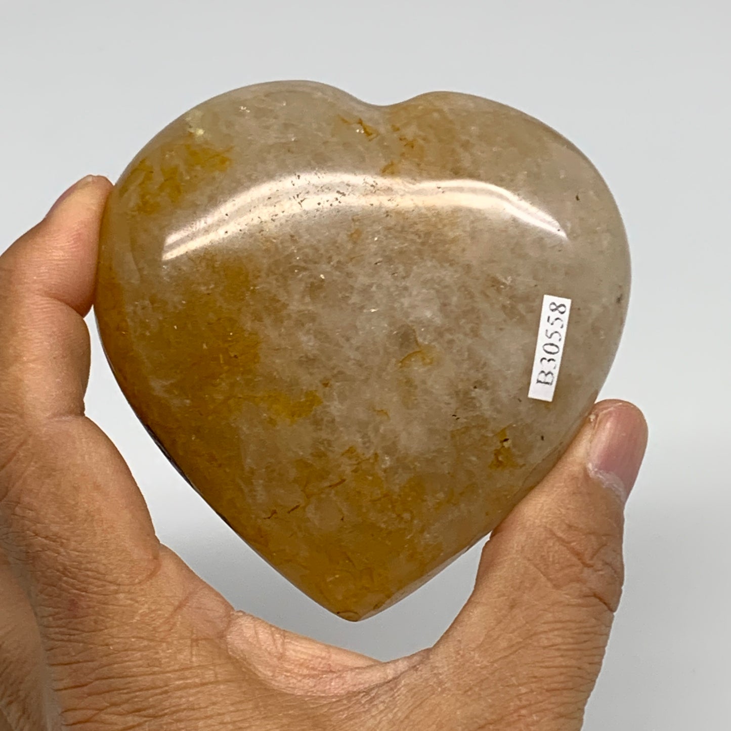 303.1g, 3.1"x3.1"x1.3" Yellow Healing Quartz Heart Crystal @Madagascar, B30558