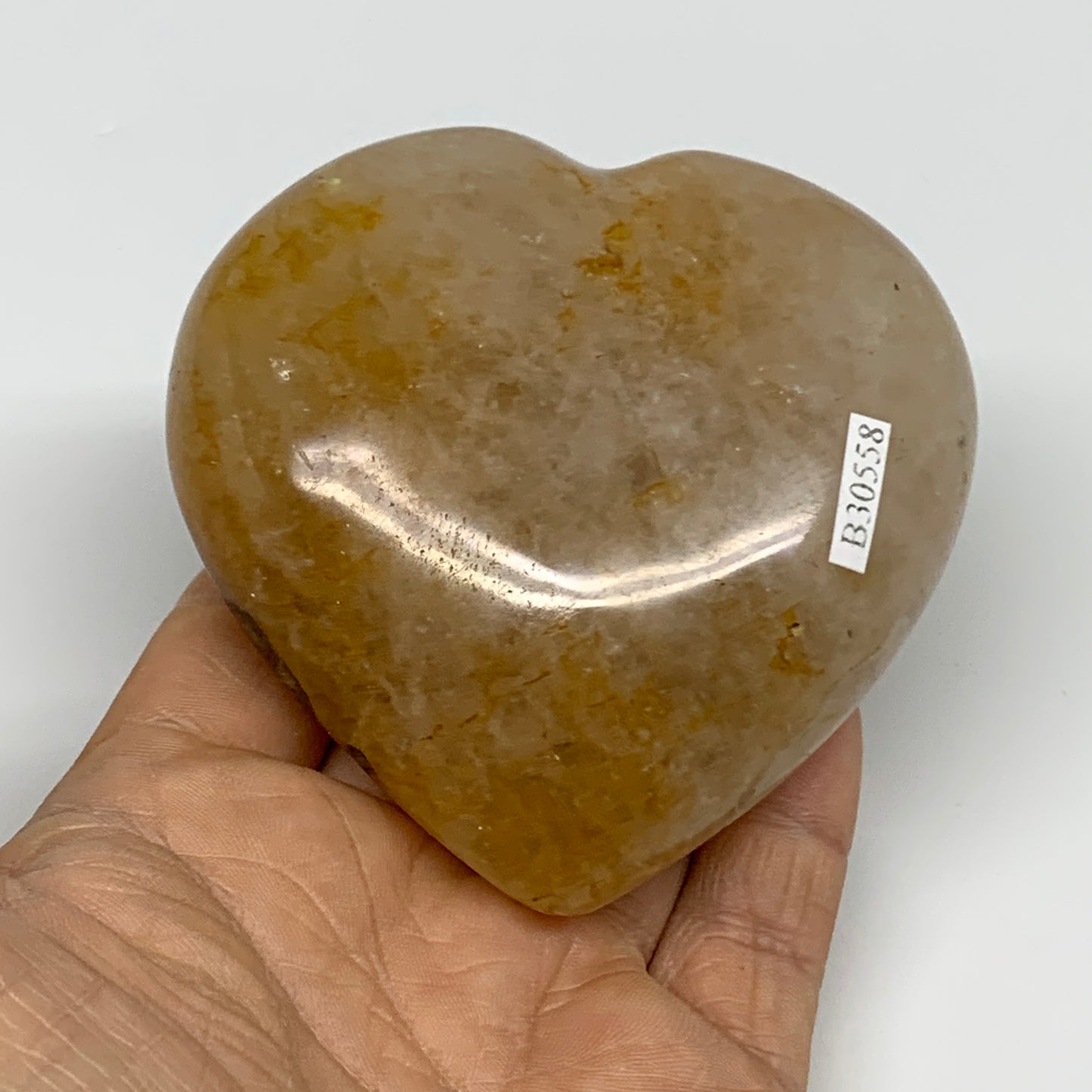 303.1g, 3.1"x3.1"x1.3" Yellow Healing Quartz Heart Crystal @Madagascar, B30558