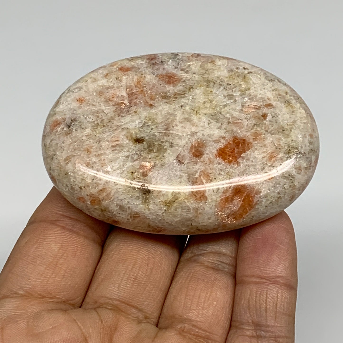 112.3g, 2.7"x1.9"x0.8", Natural Sunstone Palm-Stone Polished from India, B34782