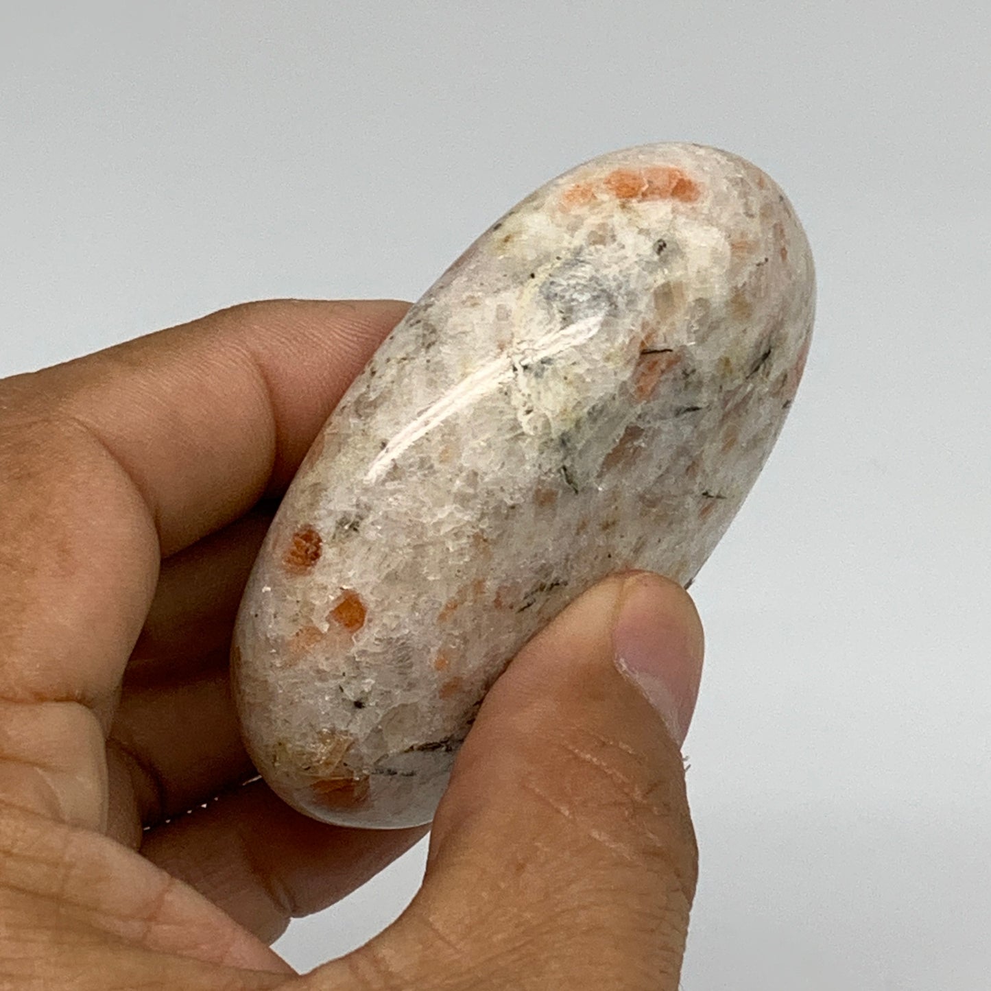 112.3g, 2.7"x1.9"x0.8", Natural Sunstone Palm-Stone Polished from India, B34782