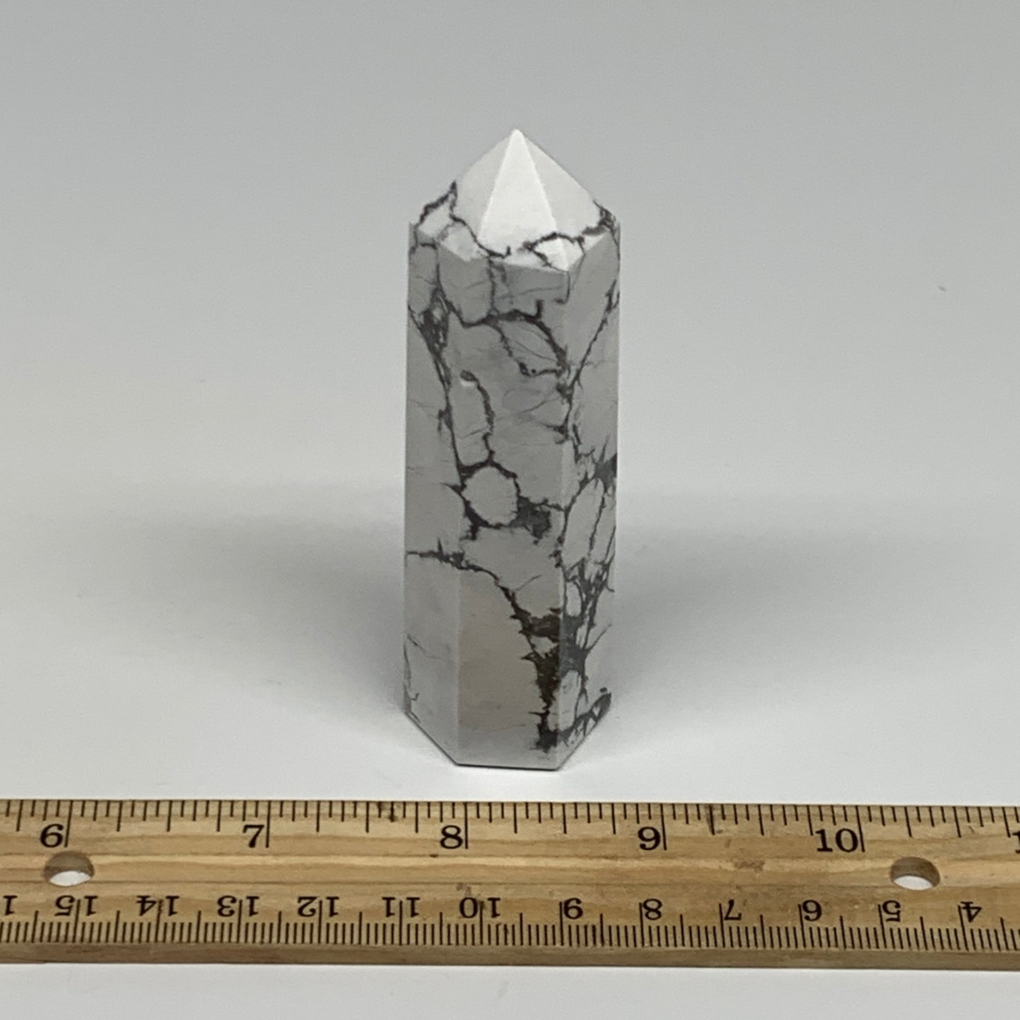 115.7g, 3.6"x1"x1", Natural Howlite Point Tower Obelisk Crystal, B29069